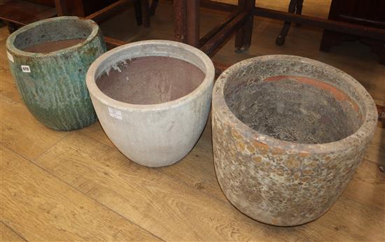 Three glazed earthenware garden planters Tallest 36cm